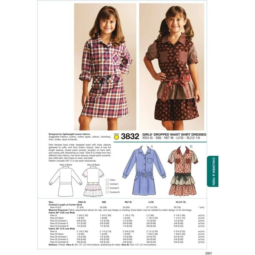 Kwik Sew Girls Dropped Waist Shirt‎ Dresses Sewing Pattern XS-XL